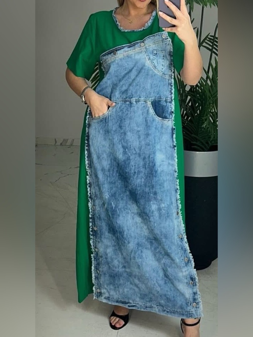 Green T-Shirt Dress with Blue Denim Overall Overlay XL